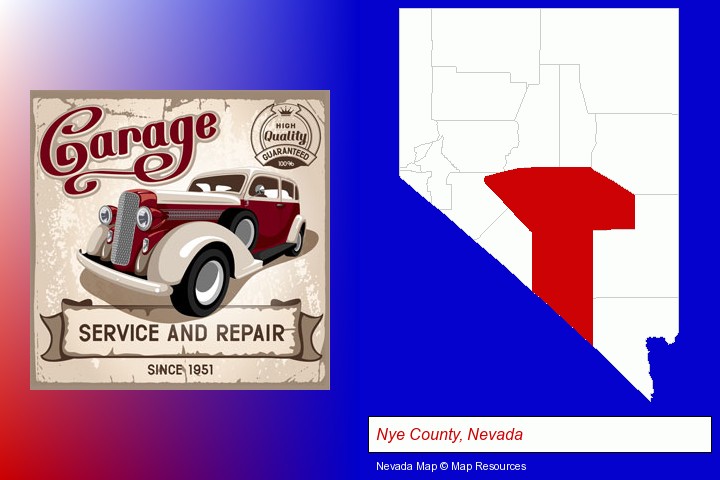 an auto service and repairs garage sign; Nye County, Nevada highlighted in red on a map