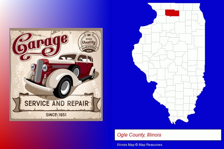 an auto service and repairs garage sign; Ogle County, Illinois highlighted in red on a map