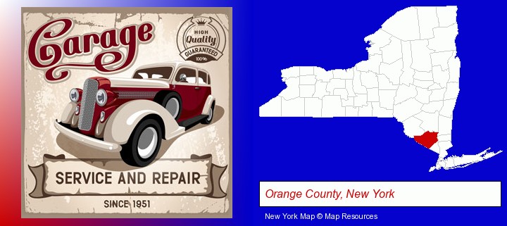 an auto service and repairs garage sign; Orange County, New York highlighted in red on a map