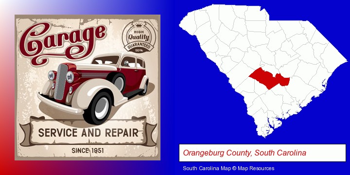 an auto service and repairs garage sign; Orangeburg County, South Carolina highlighted in red on a map