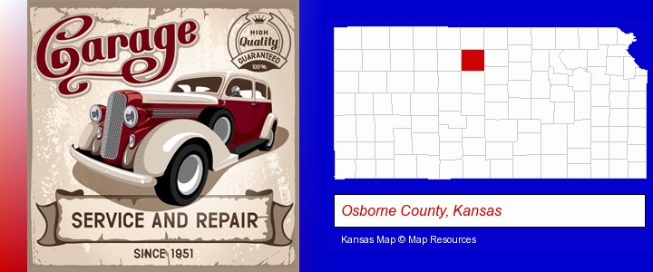 an auto service and repairs garage sign; Osborne County, Kansas highlighted in red on a map