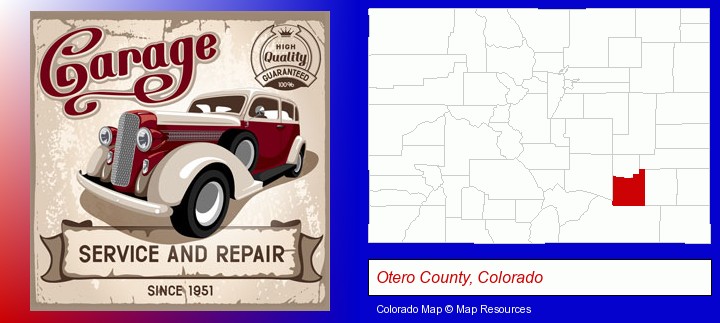 an auto service and repairs garage sign; Otero County, Colorado highlighted in red on a map