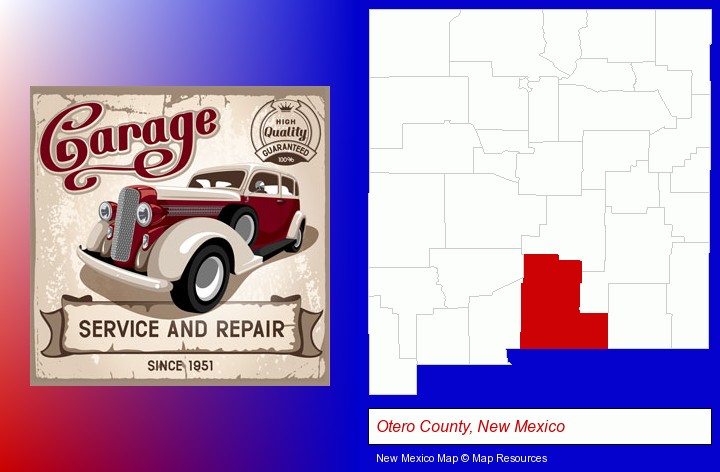 an auto service and repairs garage sign; Otero County, New Mexico highlighted in red on a map
