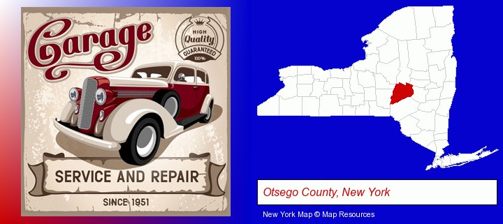 an auto service and repairs garage sign; Otsego County, New York highlighted in red on a map