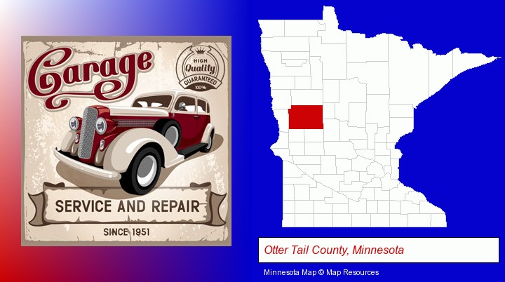 an auto service and repairs garage sign; Otter Tail County, Minnesota highlighted in red on a map
