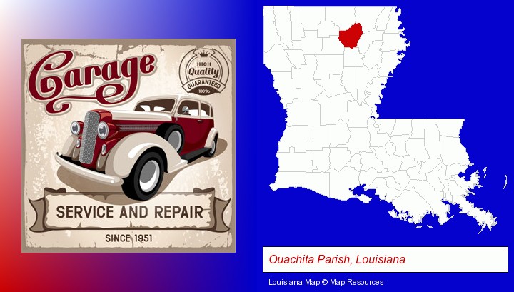 an auto service and repairs garage sign; Ouachita Parish, Louisiana highlighted in red on a map