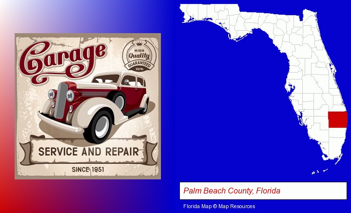an auto service and repairs garage sign; Palm Beach County, Florida highlighted in red on a map