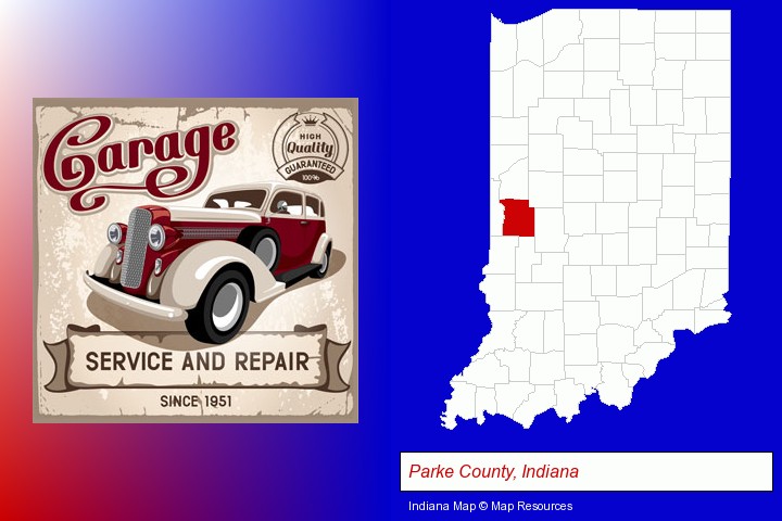 an auto service and repairs garage sign; Parke County, Indiana highlighted in red on a map