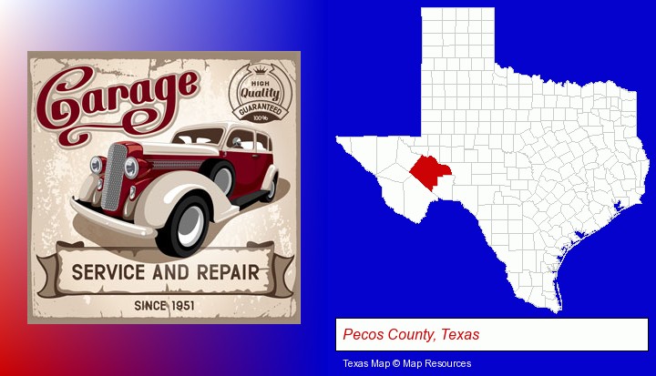 an auto service and repairs garage sign; Pecos County, Texas highlighted in red on a map