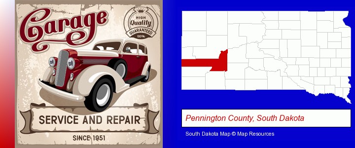 an auto service and repairs garage sign; Pennington County, South Dakota highlighted in red on a map