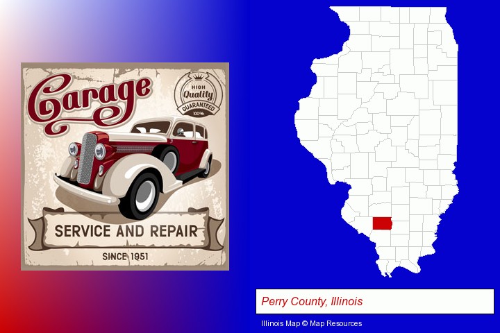an auto service and repairs garage sign; Perry County, Illinois highlighted in red on a map