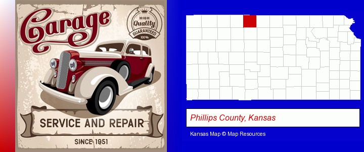 an auto service and repairs garage sign; Phillips County, Kansas highlighted in red on a map