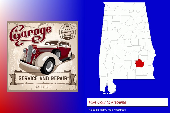 an auto service and repairs garage sign; Pike County, Alabama highlighted in red on a map