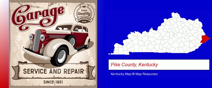 an auto service and repairs garage sign; Pike County, Kentucky highlighted in red on a map