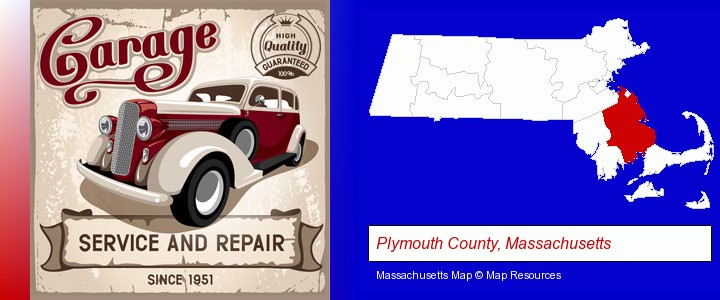 an auto service and repairs garage sign; Plymouth County, Massachusetts highlighted in red on a map