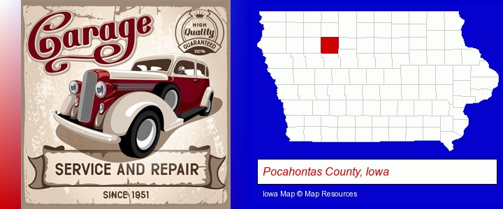 an auto service and repairs garage sign; Pocahontas County, Iowa highlighted in red on a map