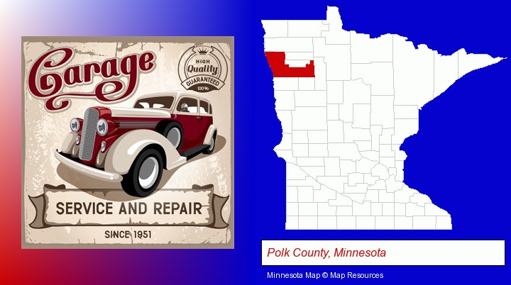 an auto service and repairs garage sign; Polk County, Minnesota highlighted in red on a map