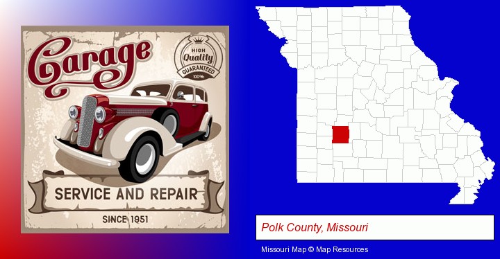 an auto service and repairs garage sign; Polk County, Missouri highlighted in red on a map