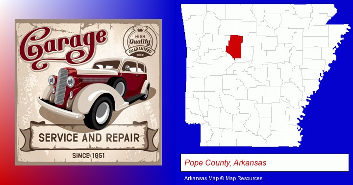 an auto service and repairs garage sign; Pope County, Arkansas highlighted in red on a map