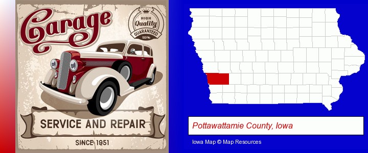 an auto service and repairs garage sign; Pottawattamie County, Iowa highlighted in red on a map