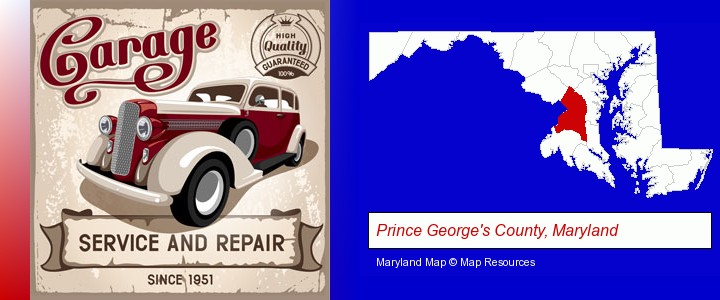 an auto service and repairs garage sign; Prince George's County, Maryland highlighted in red on a map