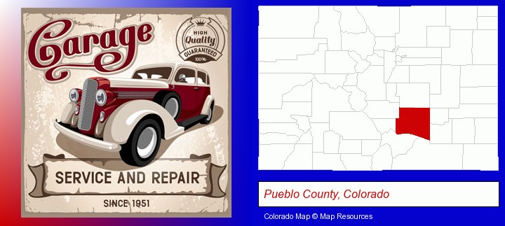 an auto service and repairs garage sign; Pueblo County, Colorado highlighted in red on a map