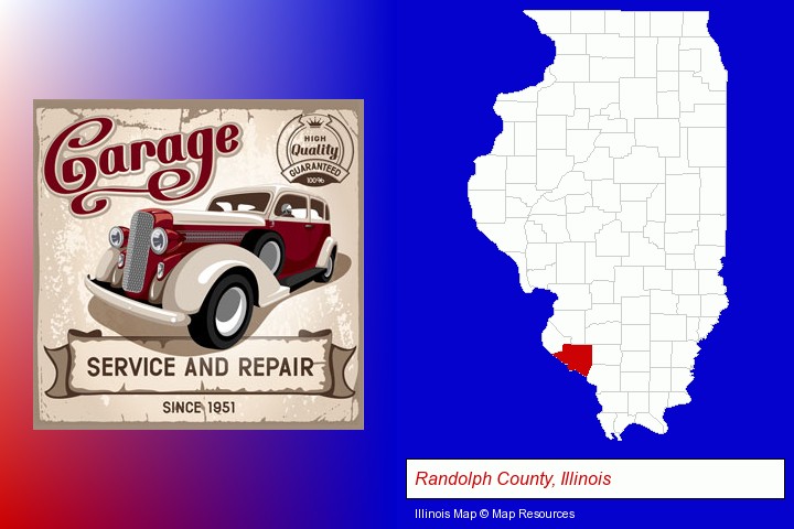 an auto service and repairs garage sign; Randolph County, Illinois highlighted in red on a map