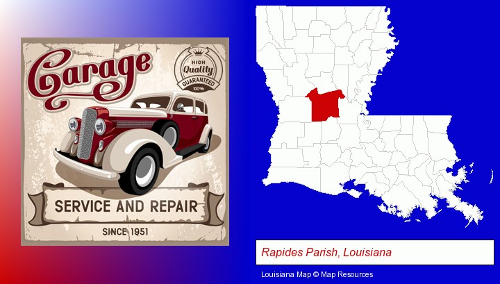 an auto service and repairs garage sign; Rapides Parish, Louisiana highlighted in red on a map
