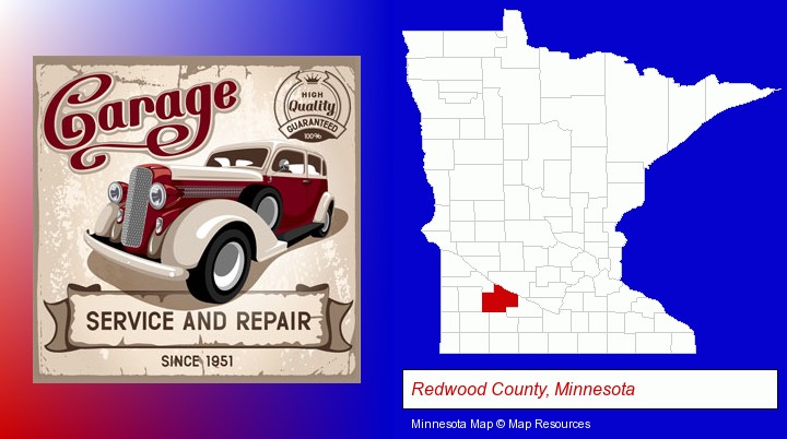 an auto service and repairs garage sign; Redwood County, Minnesota highlighted in red on a map