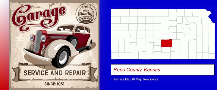 an auto service and repairs garage sign; Reno County, Kansas highlighted in red on a map