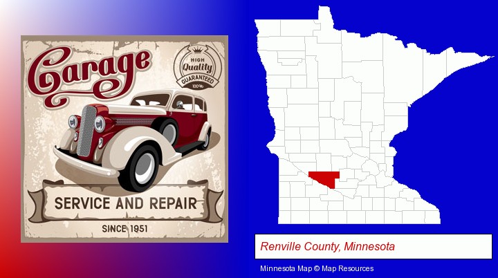 an auto service and repairs garage sign; Renville County, Minnesota highlighted in red on a map