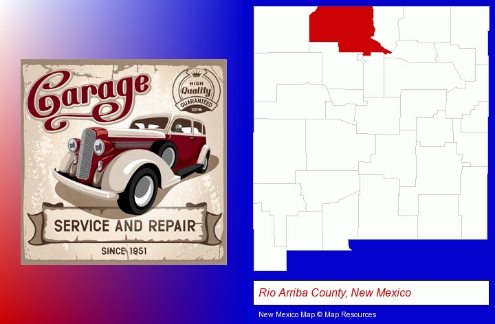 an auto service and repairs garage sign; Rio Arriba County, New Mexico highlighted in red on a map