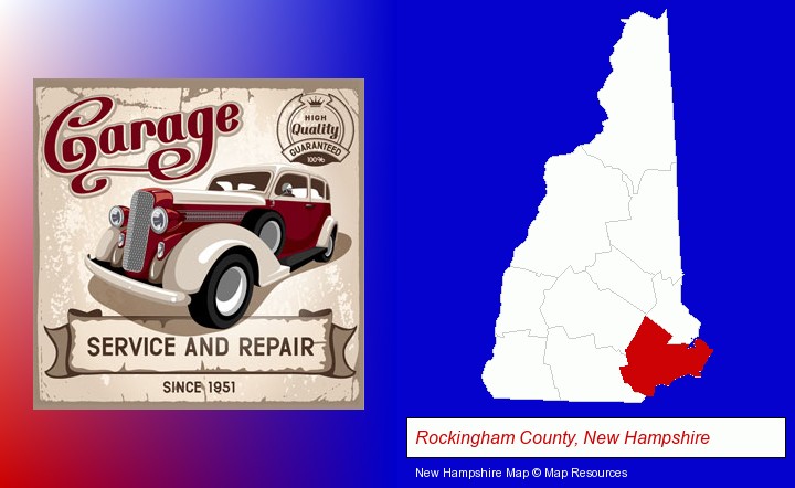 an auto service and repairs garage sign; Rockingham County, New Hampshire highlighted in red on a map