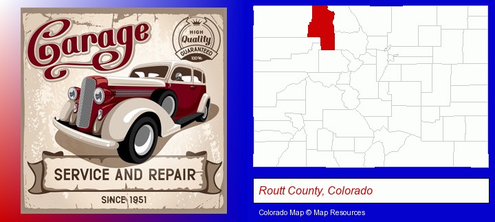 an auto service and repairs garage sign; Routt County, Colorado highlighted in red on a map