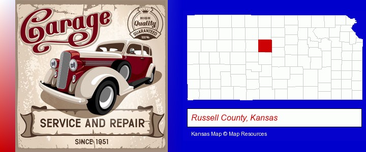 an auto service and repairs garage sign; Russell County, Kansas highlighted in red on a map