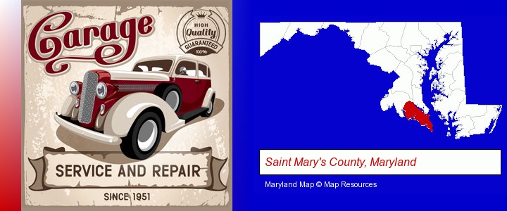 an auto service and repairs garage sign; Saint Mary's County, Maryland highlighted in red on a map