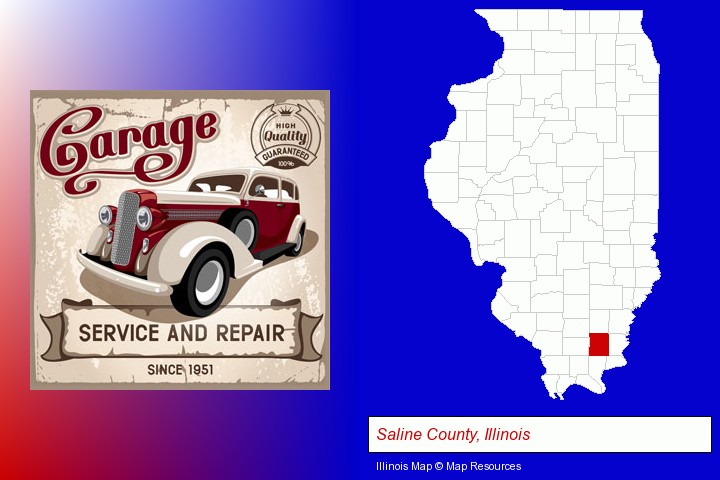 an auto service and repairs garage sign; Saline County, Illinois highlighted in red on a map