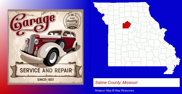 an auto service and repairs garage sign; Saline County, Missouri highlighted in red on a map