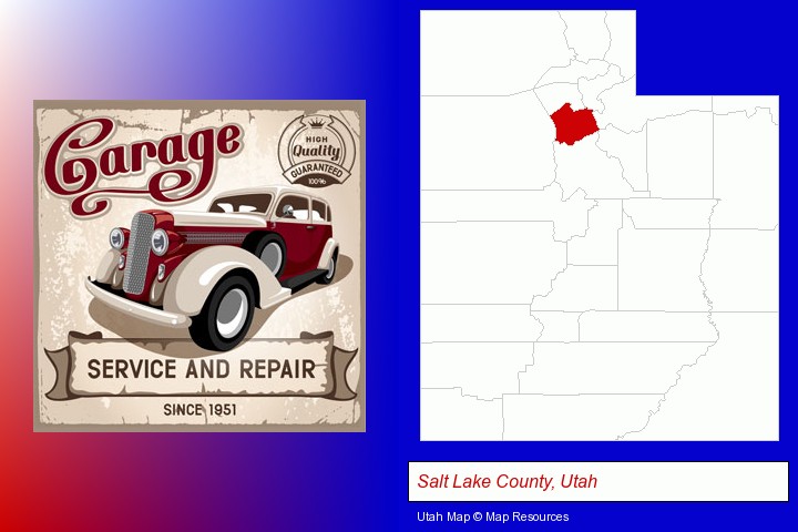 an auto service and repairs garage sign; Salt Lake County, Utah highlighted in red on a map