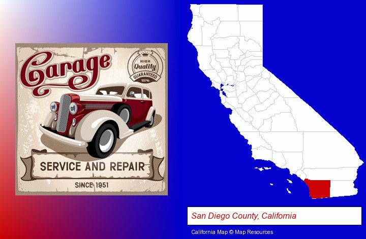 an auto service and repairs garage sign; San Diego County, California highlighted in red on a map