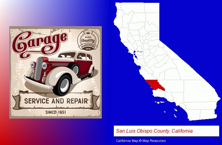 an auto service and repairs garage sign; San Luis Obispo County, California highlighted in red on a map