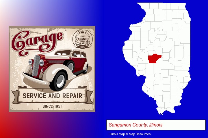 an auto service and repairs garage sign; Sangamon County, Illinois highlighted in red on a map