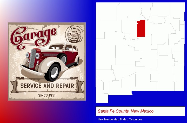 an auto service and repairs garage sign; Santa Fe County, New Mexico highlighted in red on a map
