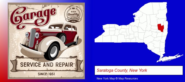an auto service and repairs garage sign; Saratoga County, New York highlighted in red on a map