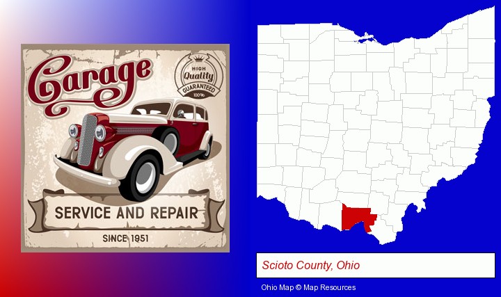 an auto service and repairs garage sign; Scioto County, Ohio highlighted in red on a map