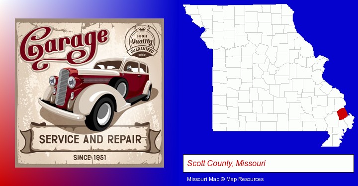 an auto service and repairs garage sign; Scott County, Missouri highlighted in red on a map