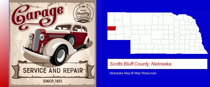 an auto service and repairs garage sign; Scotts Bluff County, Nebraska highlighted in red on a map