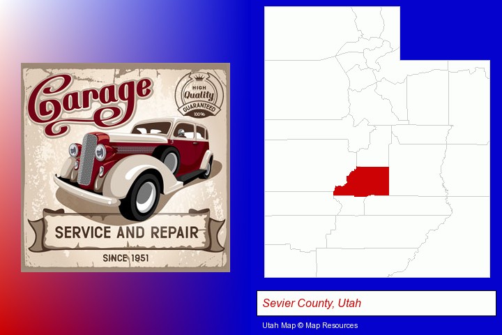 an auto service and repairs garage sign; Sevier County, Utah highlighted in red on a map