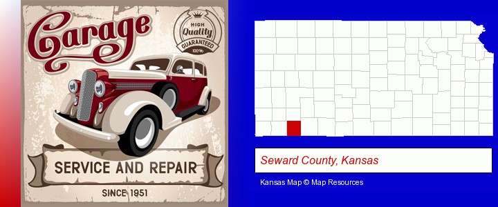 an auto service and repairs garage sign; Seward County, Kansas highlighted in red on a map