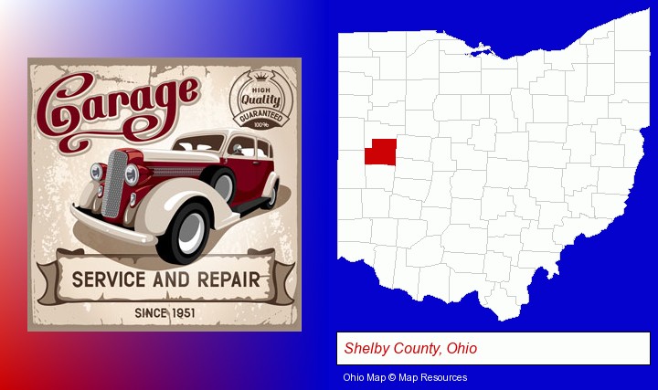an auto service and repairs garage sign; Shelby County, Ohio highlighted in red on a map